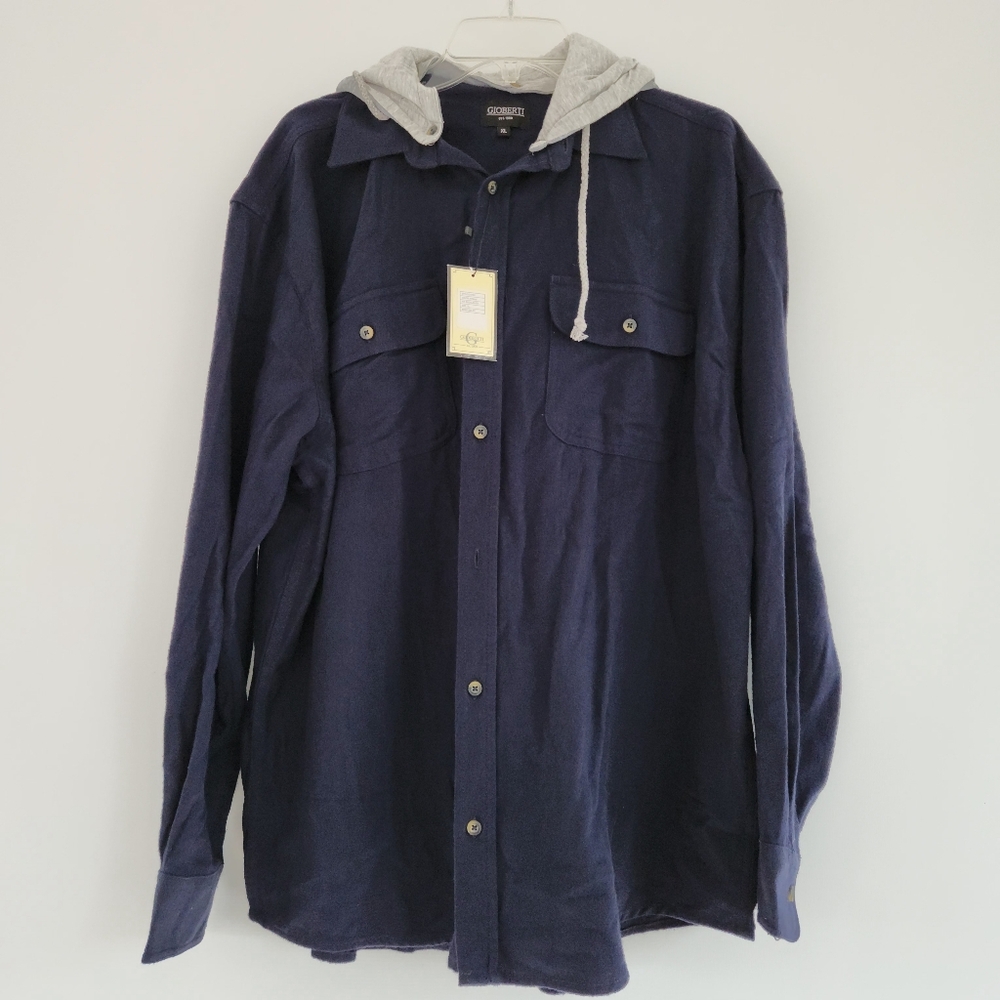 Navy Blue Casual Button Down Shirt with detachable hood